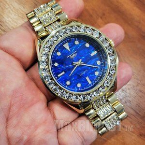 Men Hip Hop Iced Gold PT Blue Dial BIG Simulated Diamond Metal band Bling Watch
